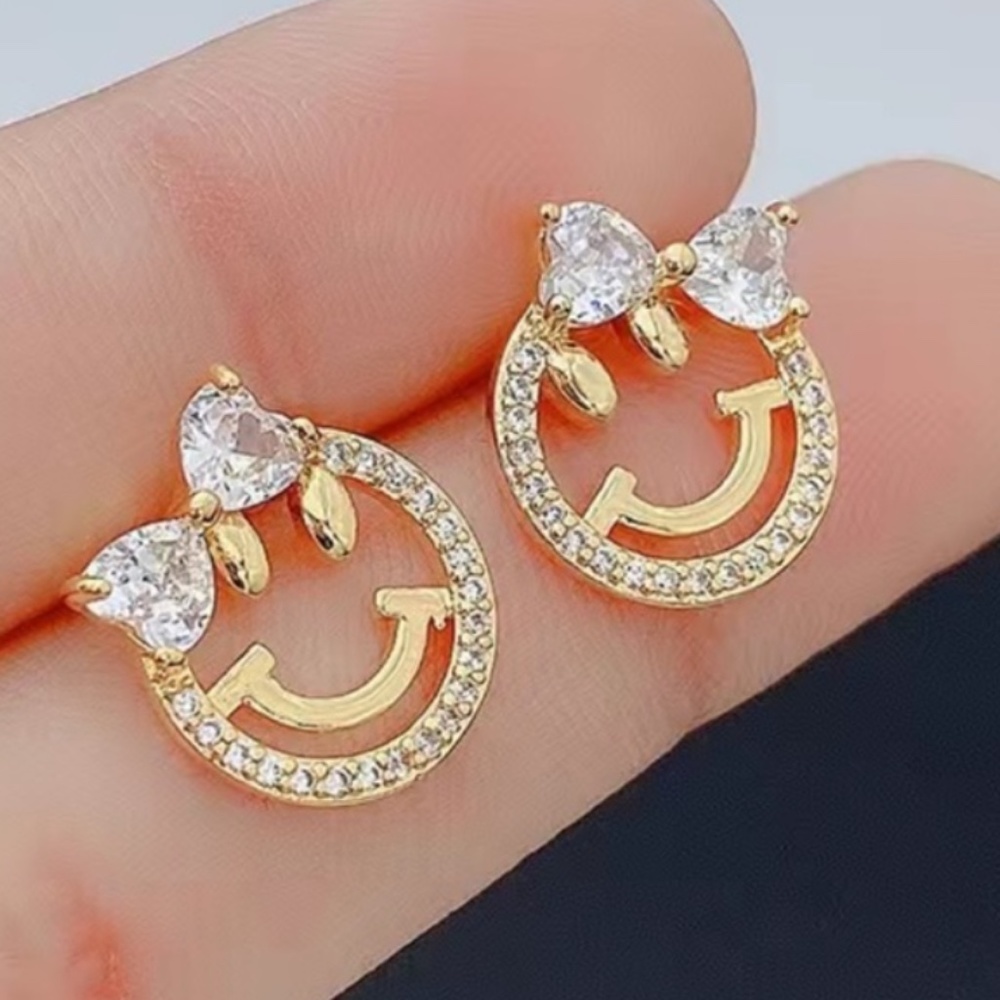 💎New Gold Shiny CZ Smiley Face Earrings